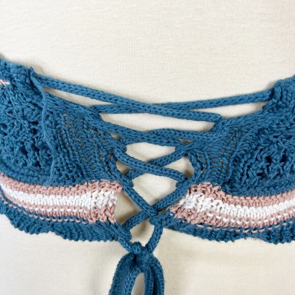 Say What? Blue and White Striped knit crochet halter top retro 90s Size Large - Picture 6 of 8